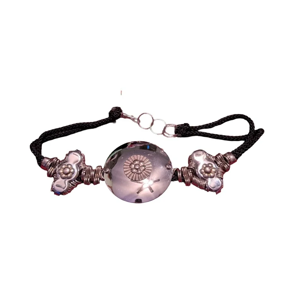 Vintage 80s‎ Black Braided Rope Belt Silver Disc Flower Bead Hardware Boho 27